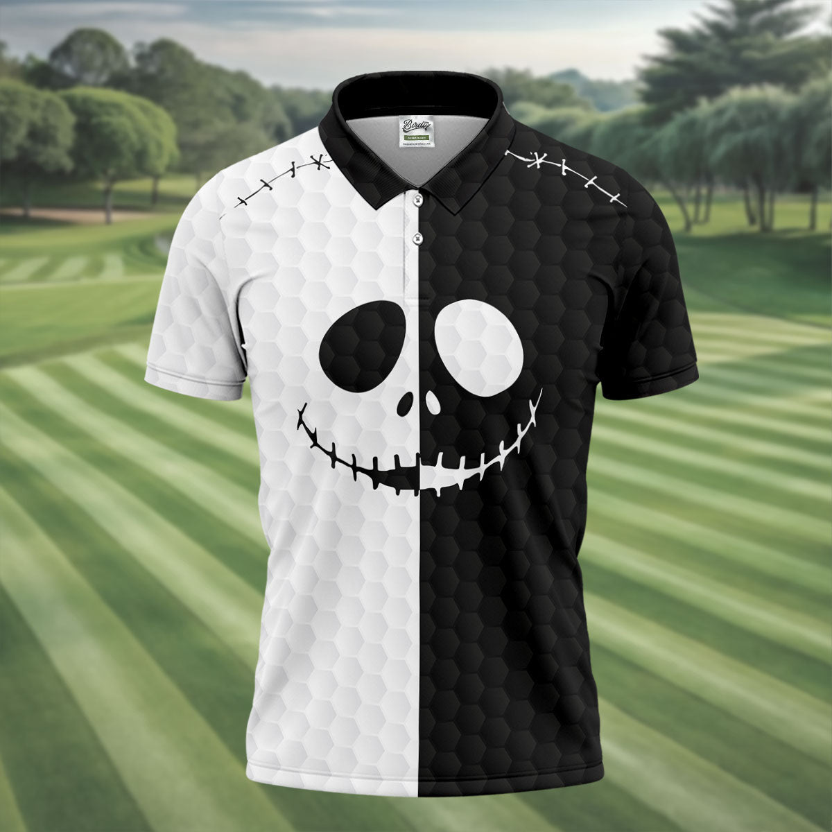 Black White Skull Face Halloween Golf Polo Shirt, Mens Golf Shirts, Golf Polo Shirts For Men