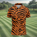 Bold Orange Black Tiger Stripe Animal Print Golf Shirt, Mens Golf Shirts, Golf Apparel For Men