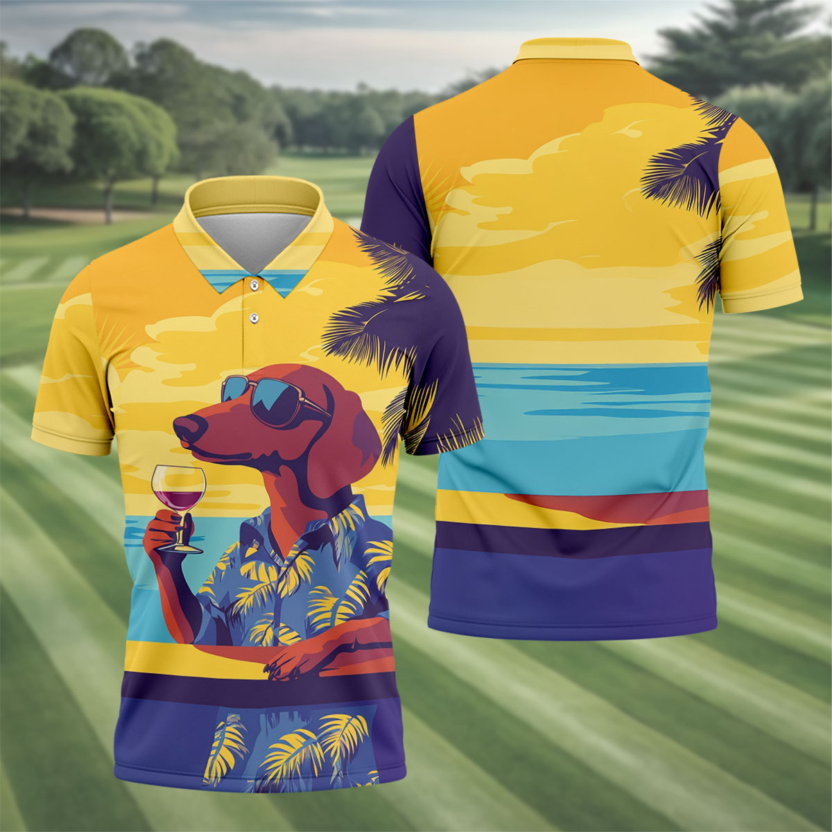 Funny Dachshund Beach Men's Polo Shirt, Hawaiian Golf Polo, Cool Golf Gifts, Unique Gift For Golfer