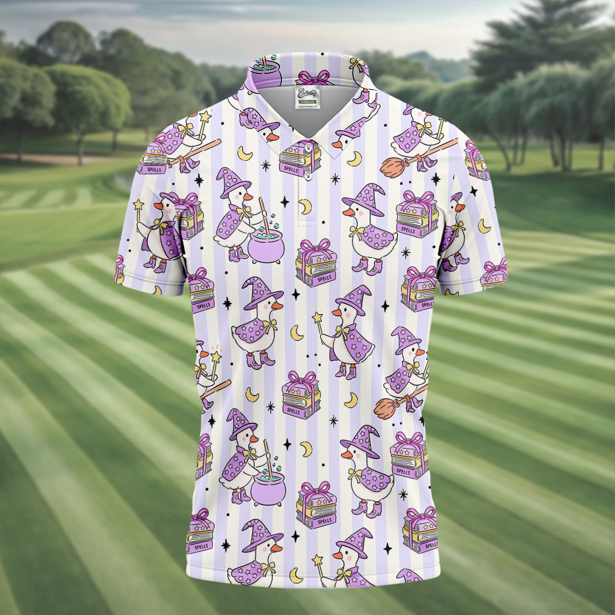 Halloween Witch Goose Purple Pastel Fun Golf Shirts For Men, Polo Shirts For Men, Golfing Apparel
