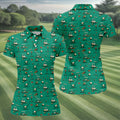 Funny Goose Golf Cart Pattern Green Polo Shirt, Womens Golf Tops, Golf Polo For Women