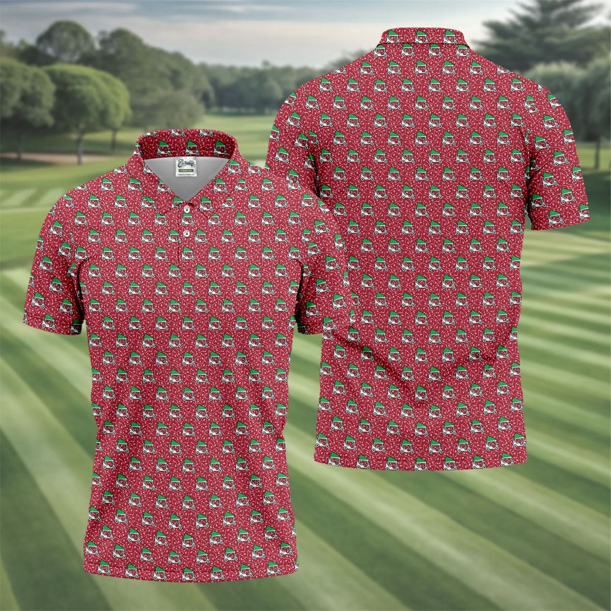 Christmas Golf Cart Pattern Red Men's Golf Tops, Christmas Golf Shirt, Polo Shirts For Men