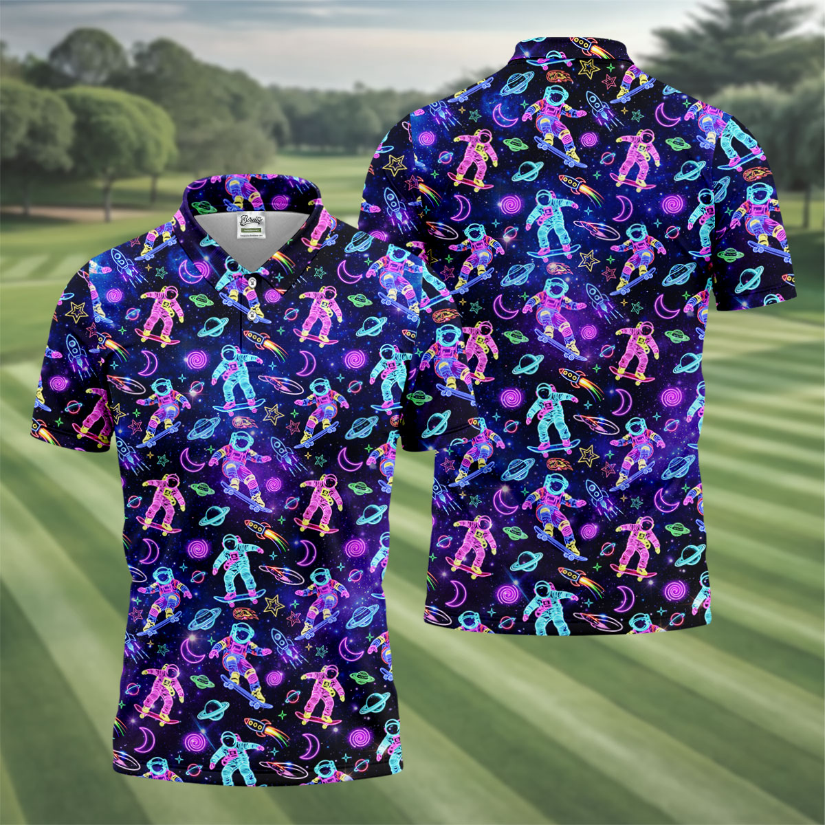 Neon Astronaut Skateboarding Galaxy Polo Shirt, Mens Golf Shirts, Golf Polo Shirts For Men, Printed Golf Shirts