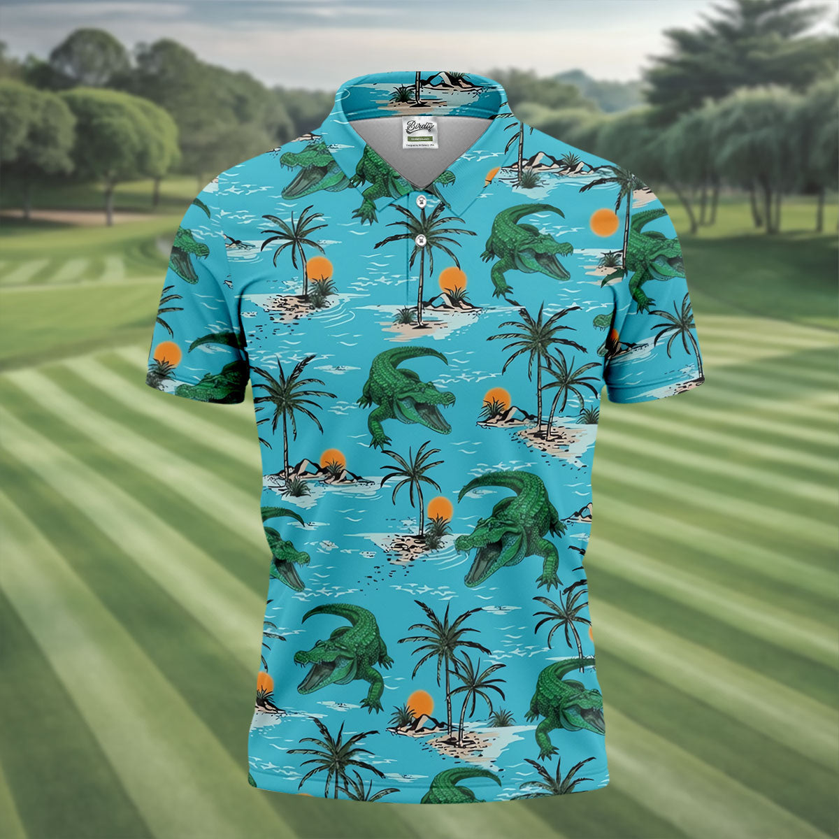 Tropical Alligators on Island Beaches Design Hawaiian Golf Polo, Golf Tops For Men, Golfing Apparel