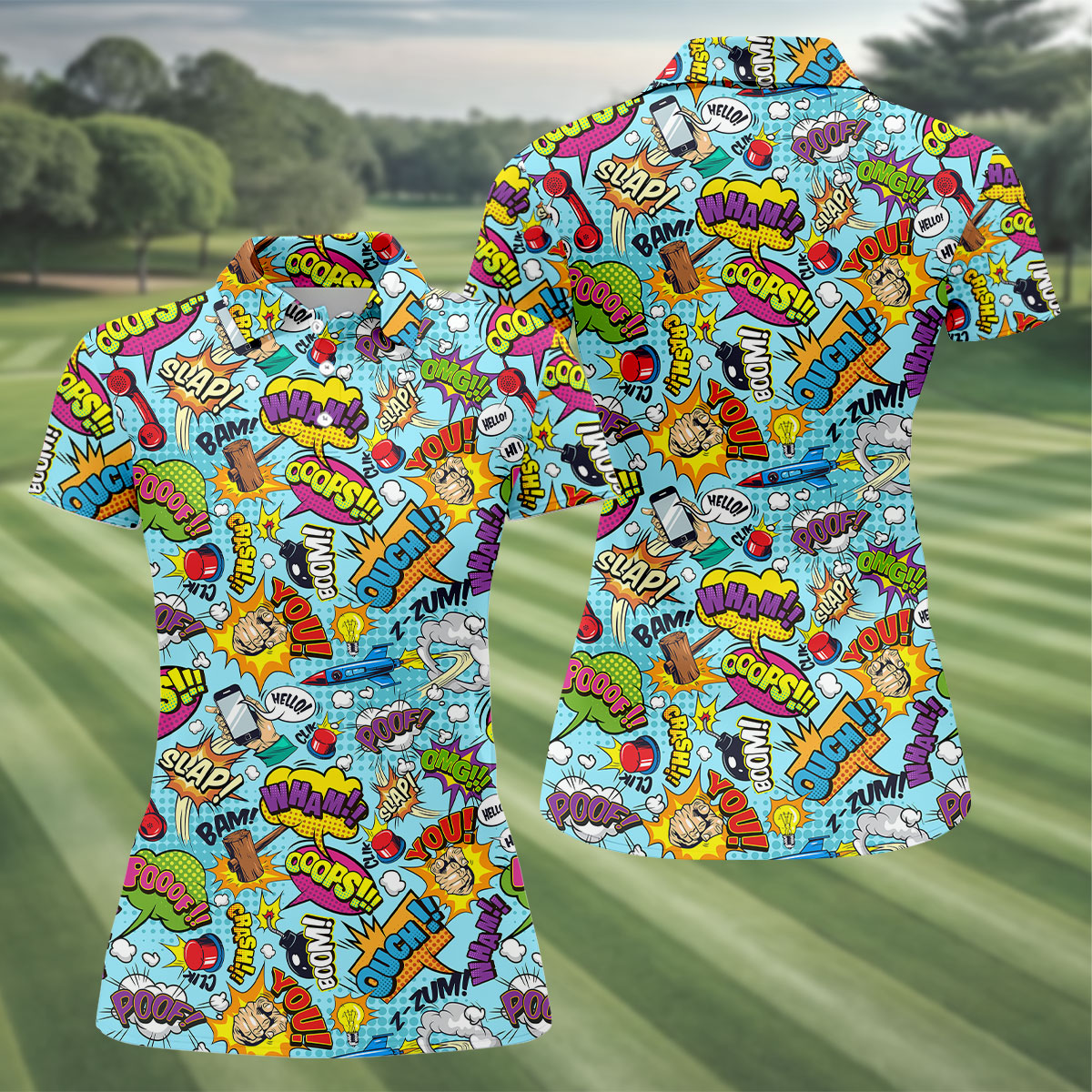 Comic Pattern Hawaiian Golf Shirt, Retro Style Women's Golf Tops, Ladies Golf Shirts