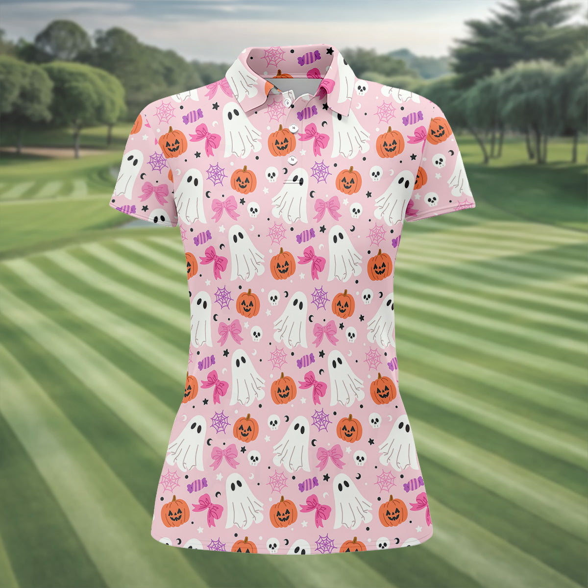 Ghost Coquette Candy Halloween Fun Women's Golf Shirts, Women's Golf Tops, Ladies Golf Shirts