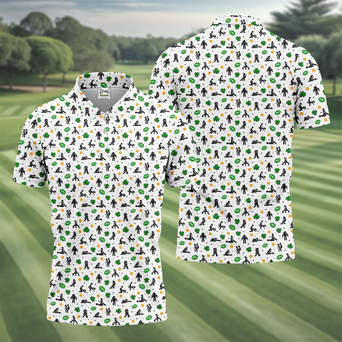 Funny Stick Figure Naughty Position Shamrock St Patrick's Day Golf Shirt, Performance Golf Shirt, Polo Shirts For Men