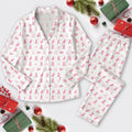 Breast Cancer Pink Ribbon With Golf Pattern Long Pajama Set, White Satin Pajama Set