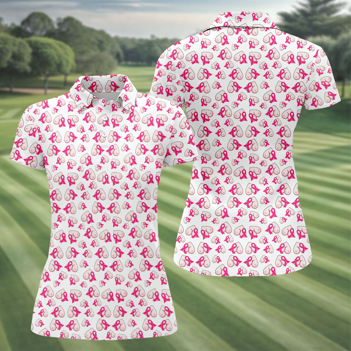 Pink Ribbon Breast Art Breast Cancer Polo Shirt, Women’s Golf Polo, Printed Golf Shirt