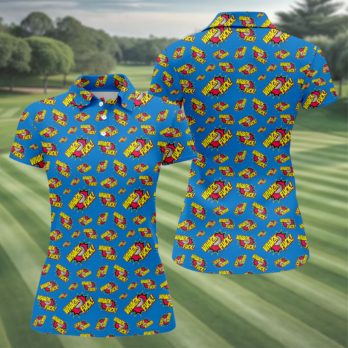 Whack F*ck Comic Golf Ball Pattern Golf Shirt, Women's Golf Tops, Golf Shirts For Women