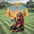 Tropical Lion Sunset Teal Hawaiian Golf Polo, Golf Tops For Men, Golfing Apparel