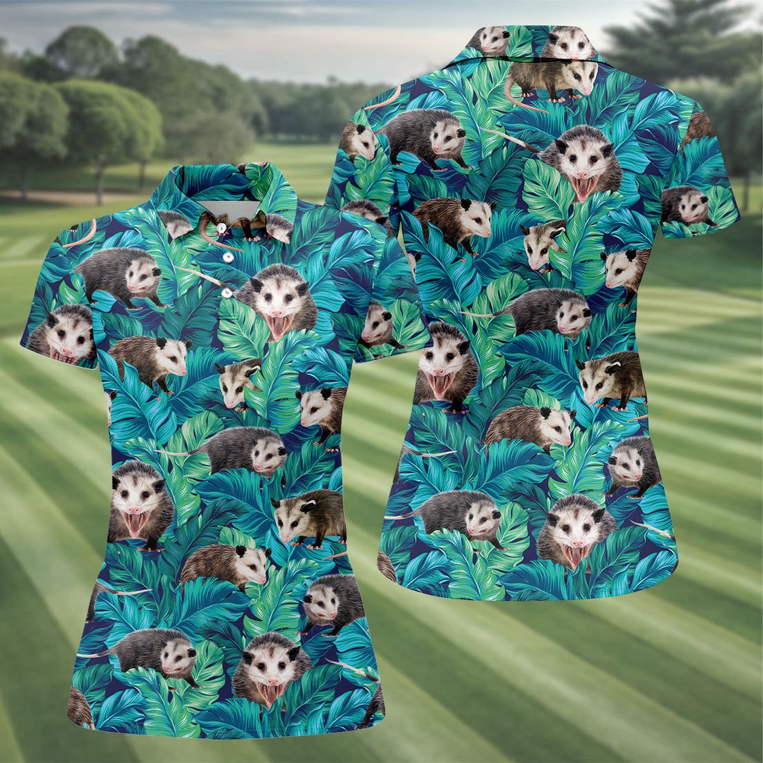 Playful Opossums Among Tropical Leaves Hawaiian Golf Polo, Golf Tops For Women, Golfing Apparel