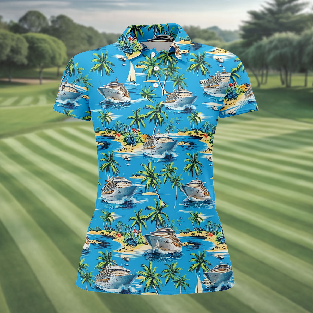 Tropical Cruise Vintage Hawaiian Golf Shirt, Women's Golf Tops, Ladies Golf Shirts