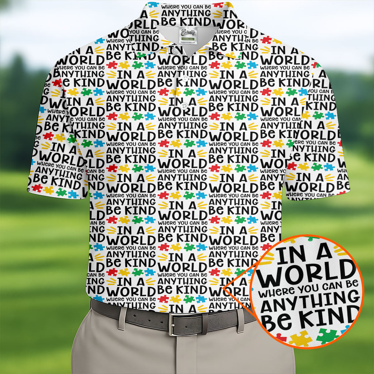 In A World Where You Can Be Anything Be Kind Autism Awareness Puzzle Pattern White Golf Shirt, Polo Shirts For Men