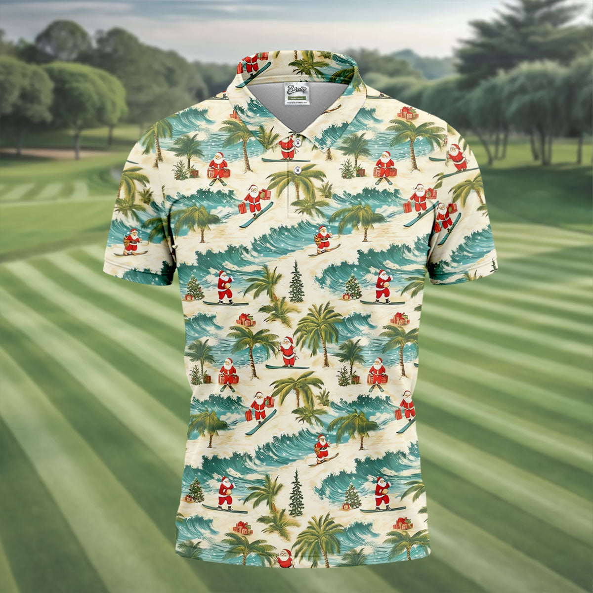 Christmas Santa Surfing Tropical Hawaiian Golf Shirt, Golf Shirts For Men, Printed Golf Shirts