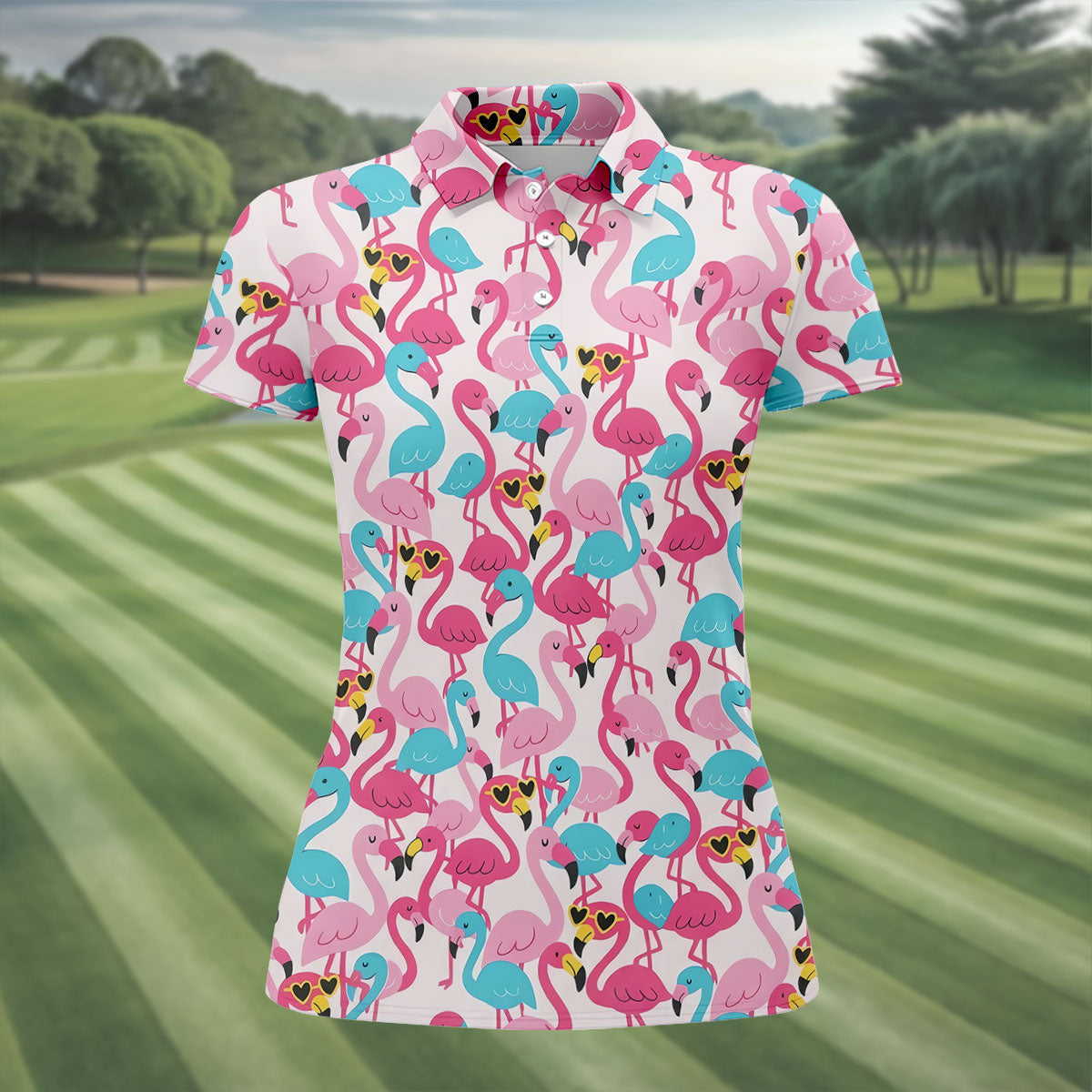 Cute Pink Flamingo Pattern Golf Polo Shirt, Womens Golf Polo, Golf Shirts For Women