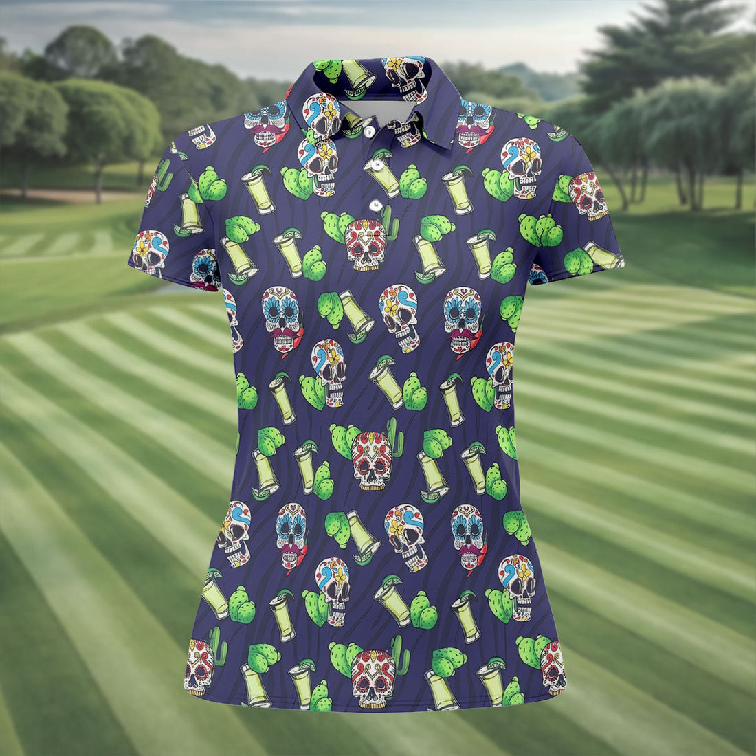Day Of The Dead Sugar Skull Cactus Polo Shirt, Womens Golf Polo, Hawaiian Golf Shirt