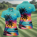 Tropical Sunset Palm Tree Hawaiian Golf Shirt, Ladies Golf Shirt, Womens Golf Tops