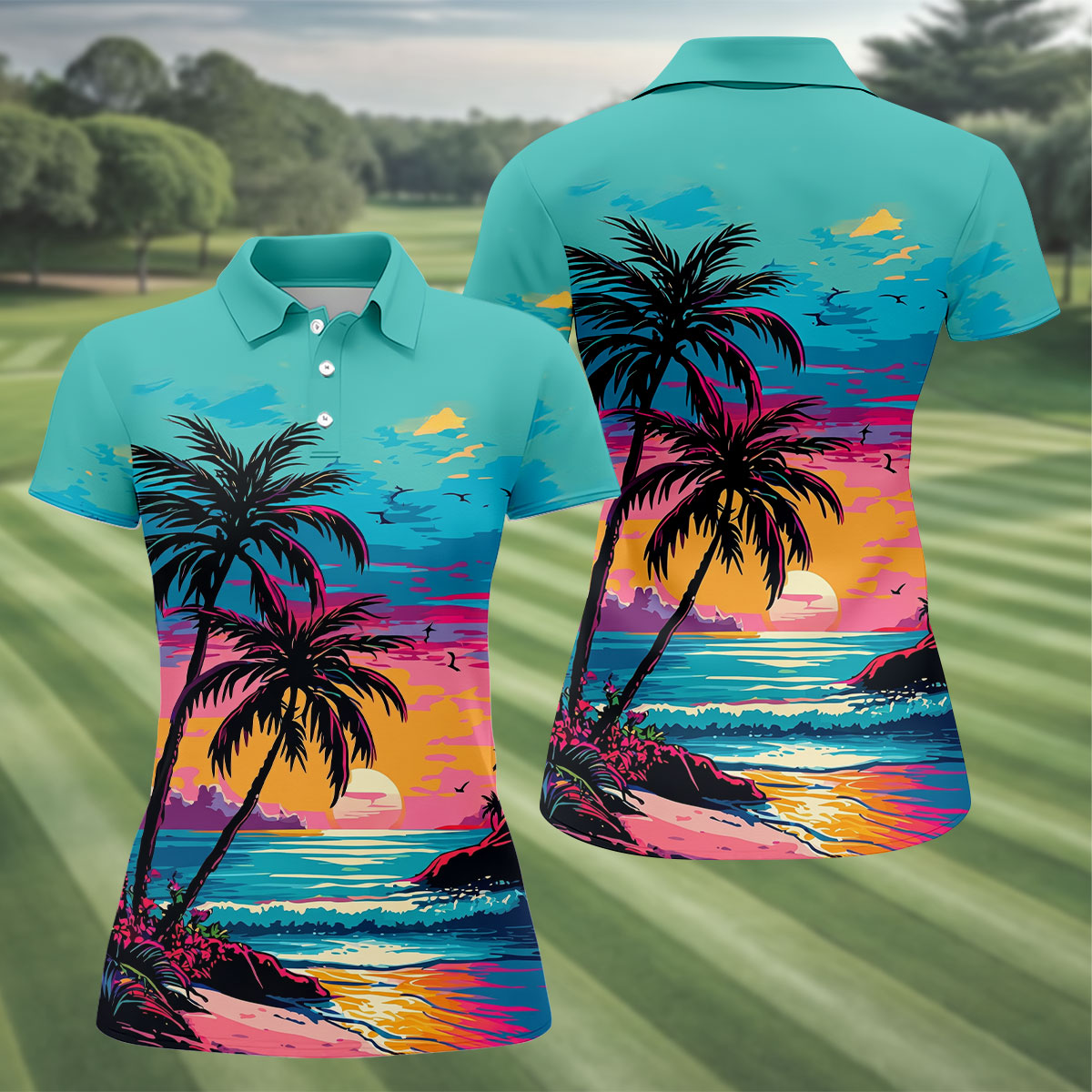 Tropical Sunset Palm Tree Hawaiian Golf Shirt, Ladies Golf Shirt, Womens Golf Tops