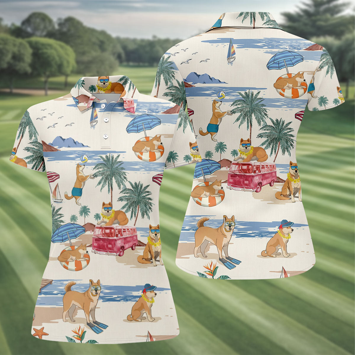 Tropical Shiba Inu Beach Pattern Hawaiian Golf Polo, Golf Tops For Women, Golfing Apparel