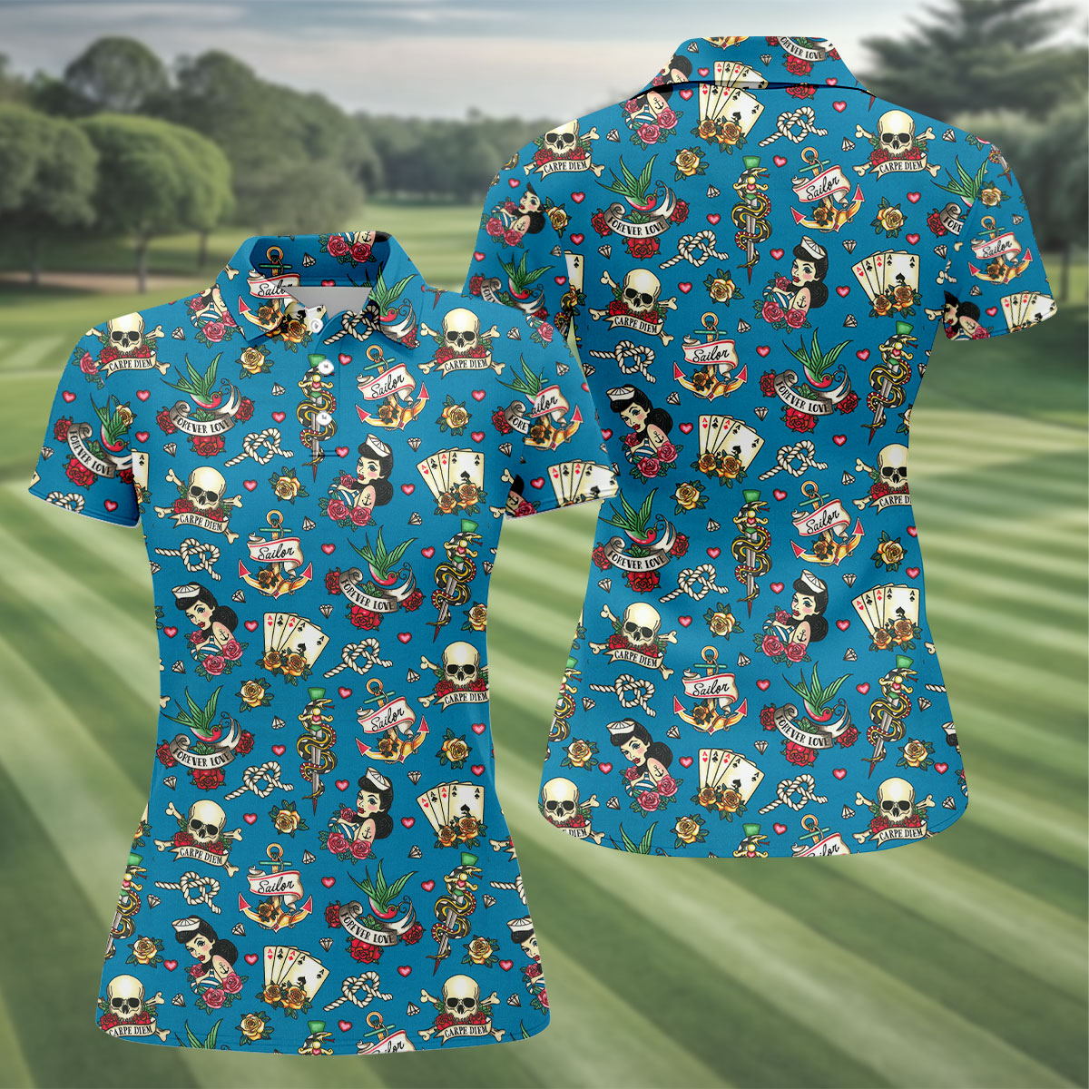 Tattoo Blue Sailor Tattoo Flash Pattern Hawaiian Golf Shirt, Women's Golf Tops, Ladies Golf Shirts