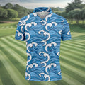 Japanese Wave Golf Shirt, Ocean Wave Pattern Men's Golf Polo, Polo Shirts For Men