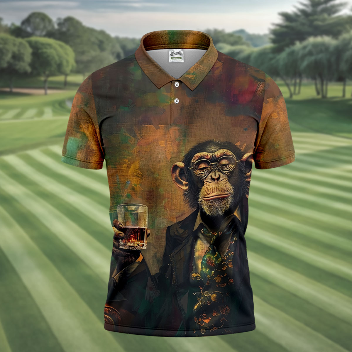 Monkey Gentleman Vintage Oak Hawaiian Golf Polo, Golf Tops For Men, Golfing Apparel