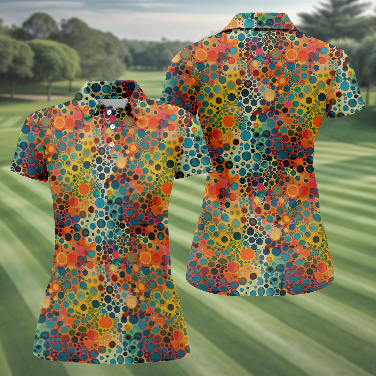 Vibrant Overlapping Dot and Circle Design Hawaiian Golf Polo, Golf Tops For Women, Golfing Apparel