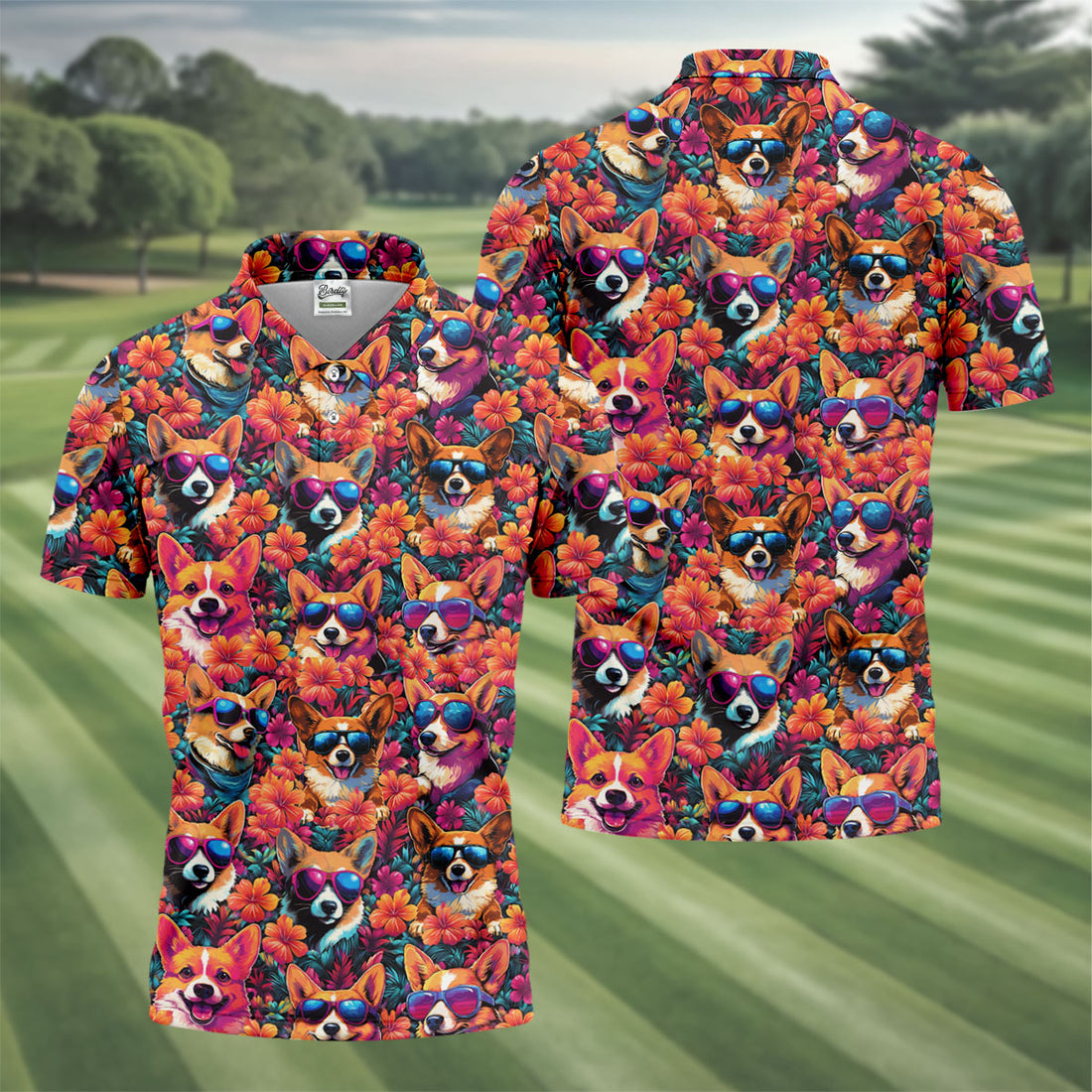 Tropical Corgi Floral Pattern Hawaiian Golf Polo, Golf Tops For Men, Golfing Apparel