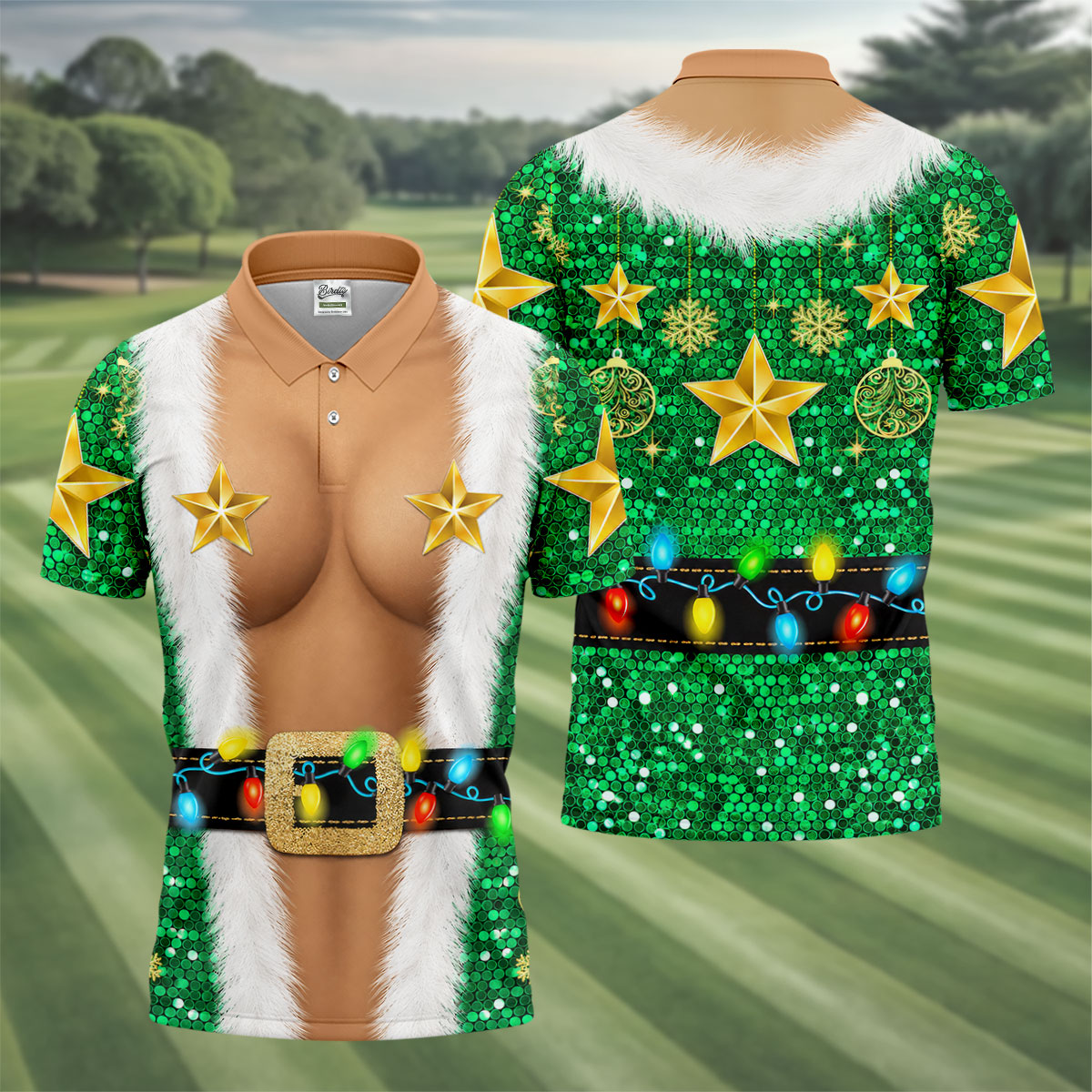 Green Santa Gold Stars Christmas Golf Shirt, Mens Golf Shirts, Mens Polo Shirts