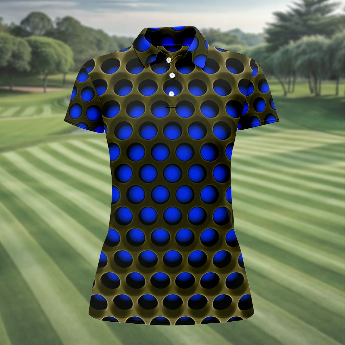 3D Effect Circular Pattern Navy Golf Shirt, Cool Golf Outfit, Women Golf Top, Ladies Golf Shirts