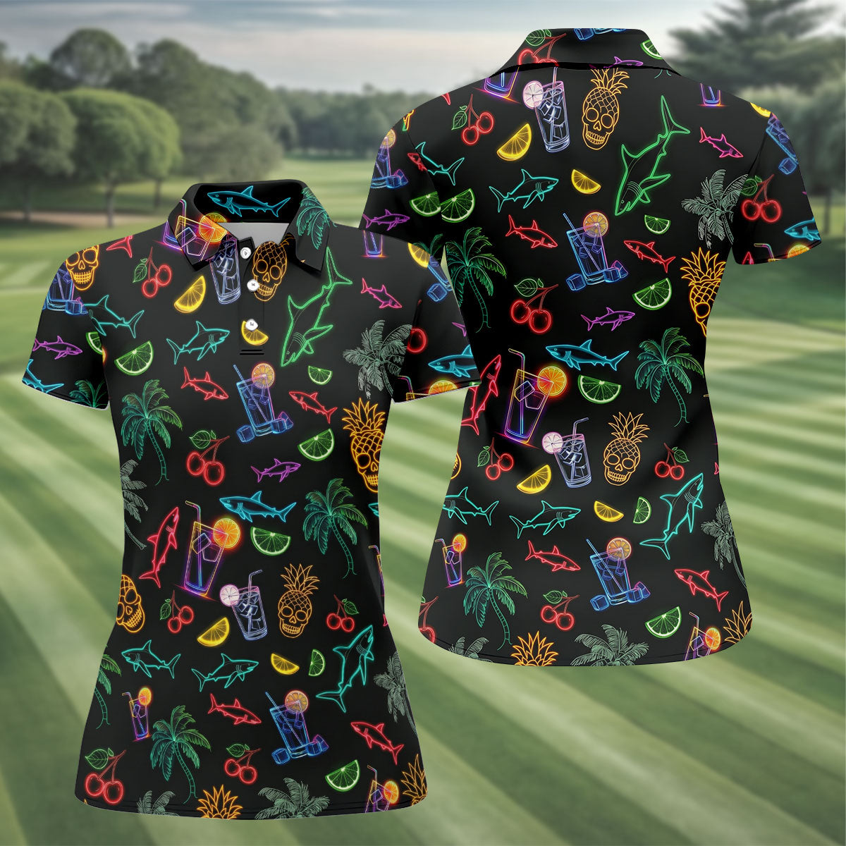 Neon Shark And Cocktail Pattern Hawaiian Golf Shirt, Women's Golf Tops, Ladies Golf Shirts