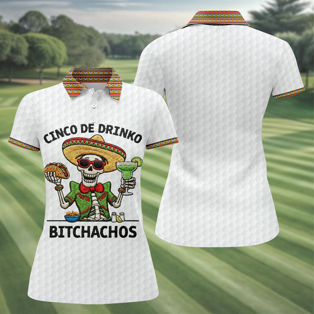 Skeleton Holding Taco And Margarita Hawaiian Golf Polo, Golf Tops For Women, Golfing Apparel