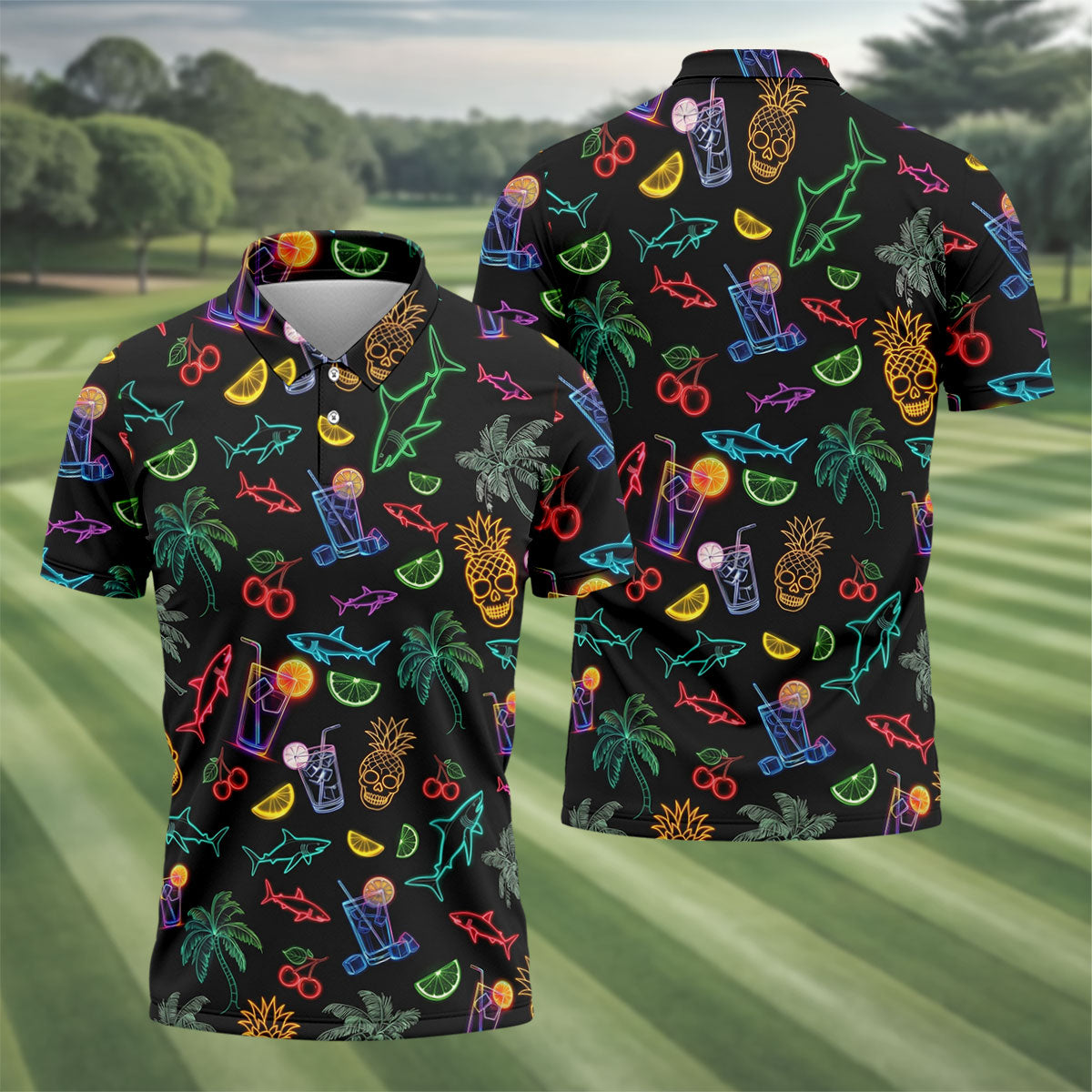 Neon Shark And Cocktail Pattern Hawaiian Golf Shirt, Men's Golf Shirt, Polo Shirts For Men