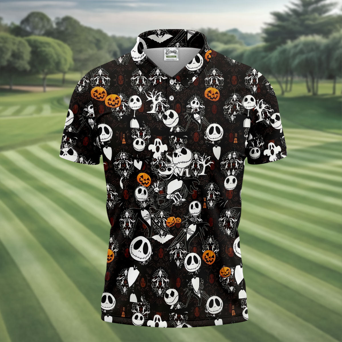 Halloween Pumpkin Skeleton Pattern Golf Polo Shirt, Hawaiian Golf Shirt, Mens Golf Apparel