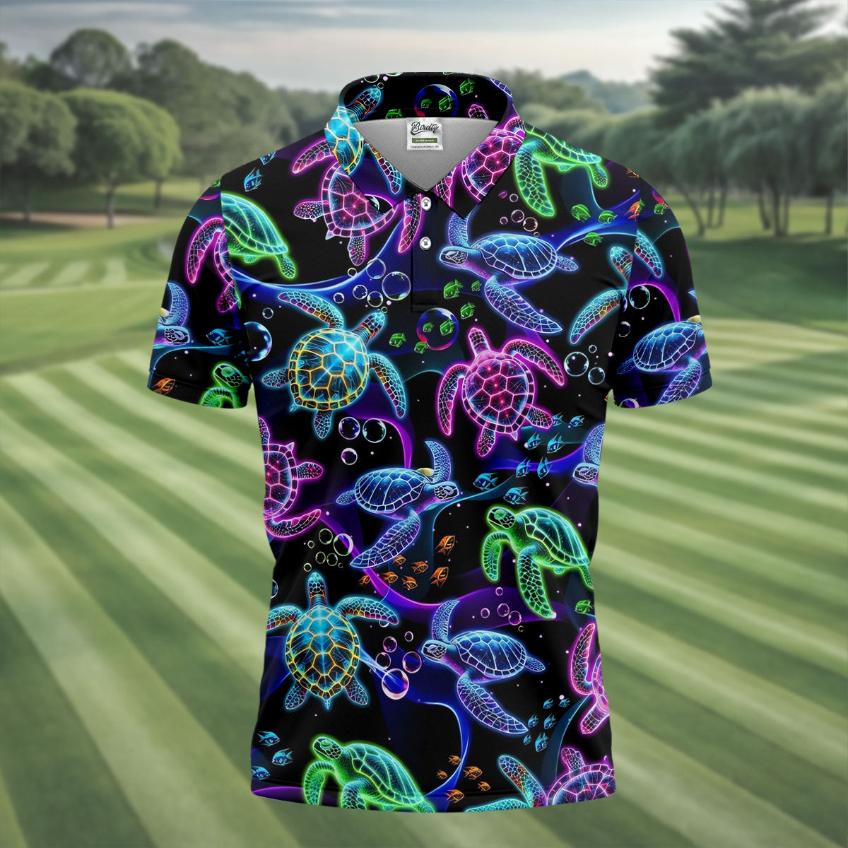 Neon Sea Turtle Ocean Pattern Hawaiian Golf Polo Shirt, Mens Golf Polo, Printed Golf Shirts