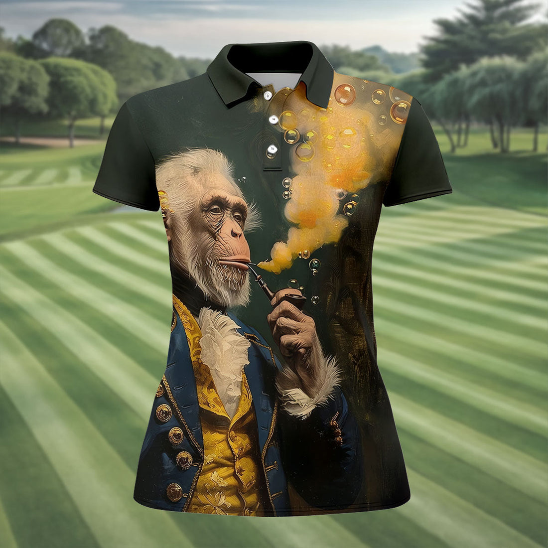 Monkey Aristocrat Golden Smoke Hawaiian Golf Shirt, Women's Golf Tops, Ladies Golf Shirts