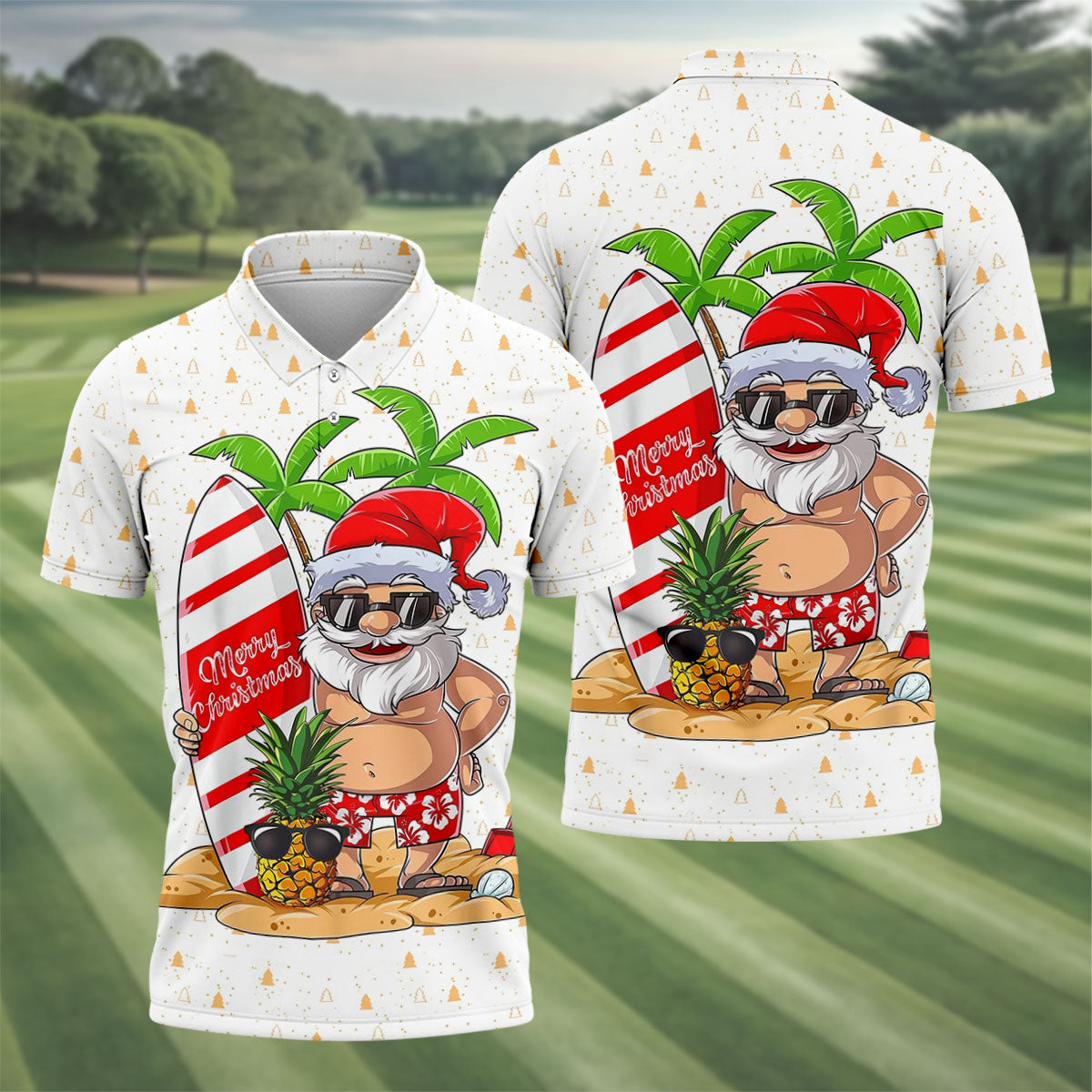 Men's Vacation Mode Santa Sufing Golf Shirt, Christmas Golf Shirt, Golf Apparel For Men