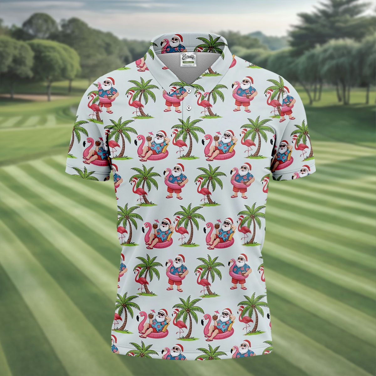 Tropical Santa Flamingo Beach Golf Polo, Christmas Golf Shirt, Golf Apparel For Men