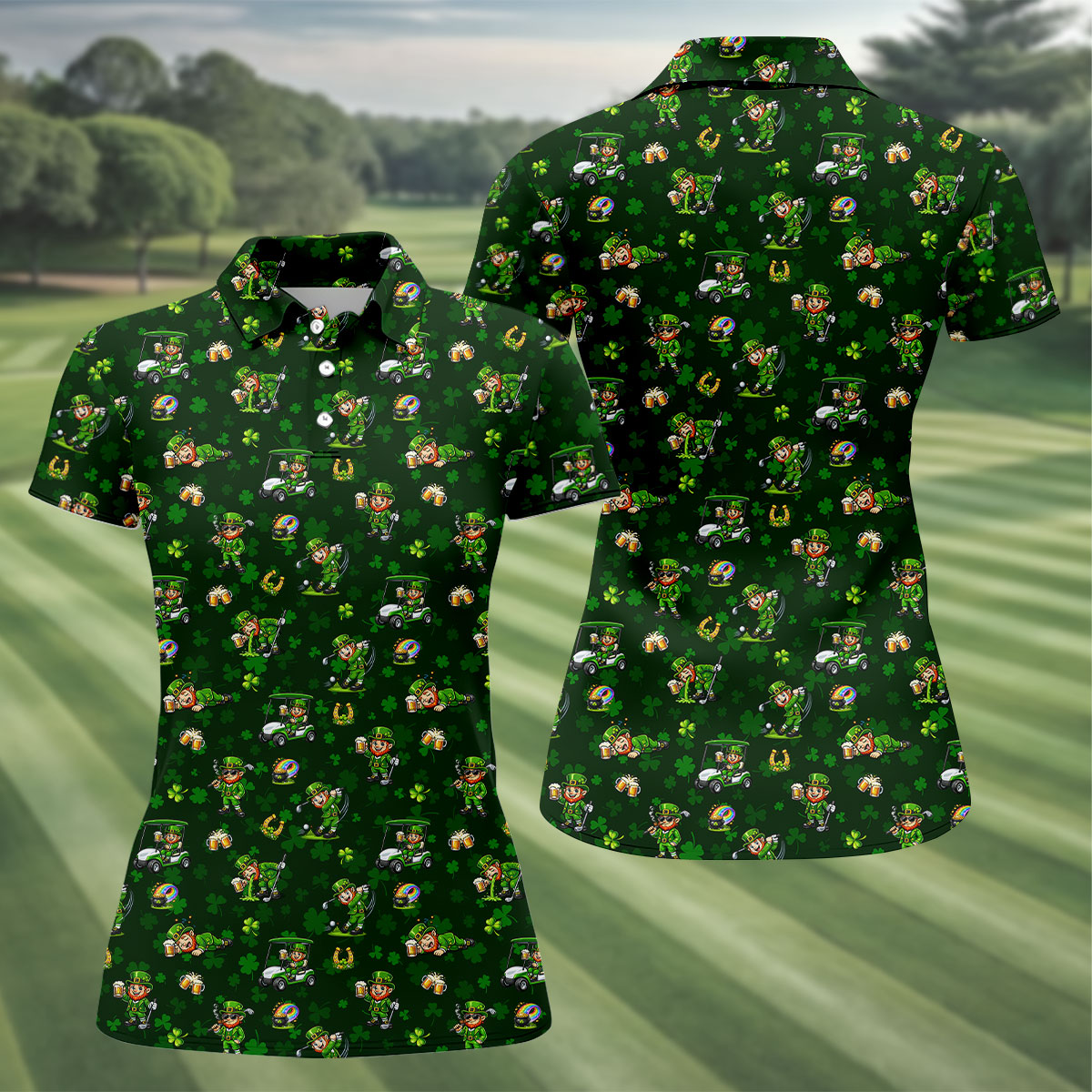 St Patrick's Day Leprechaun Golf Pose Shamrock Golf Shirt, Fun Women's Golf Shirts, Ladies Golf Polos
