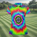 Rainbow Tie Dye Golf Shirt, Psychedelic Spiral Burst Pattern, Golf Shirt For Women