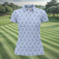 Blue T-Rex Dinosaur Golfer Pattern Golf Polo Shirt, Womens Golf Tops, Printed Golf Shirt