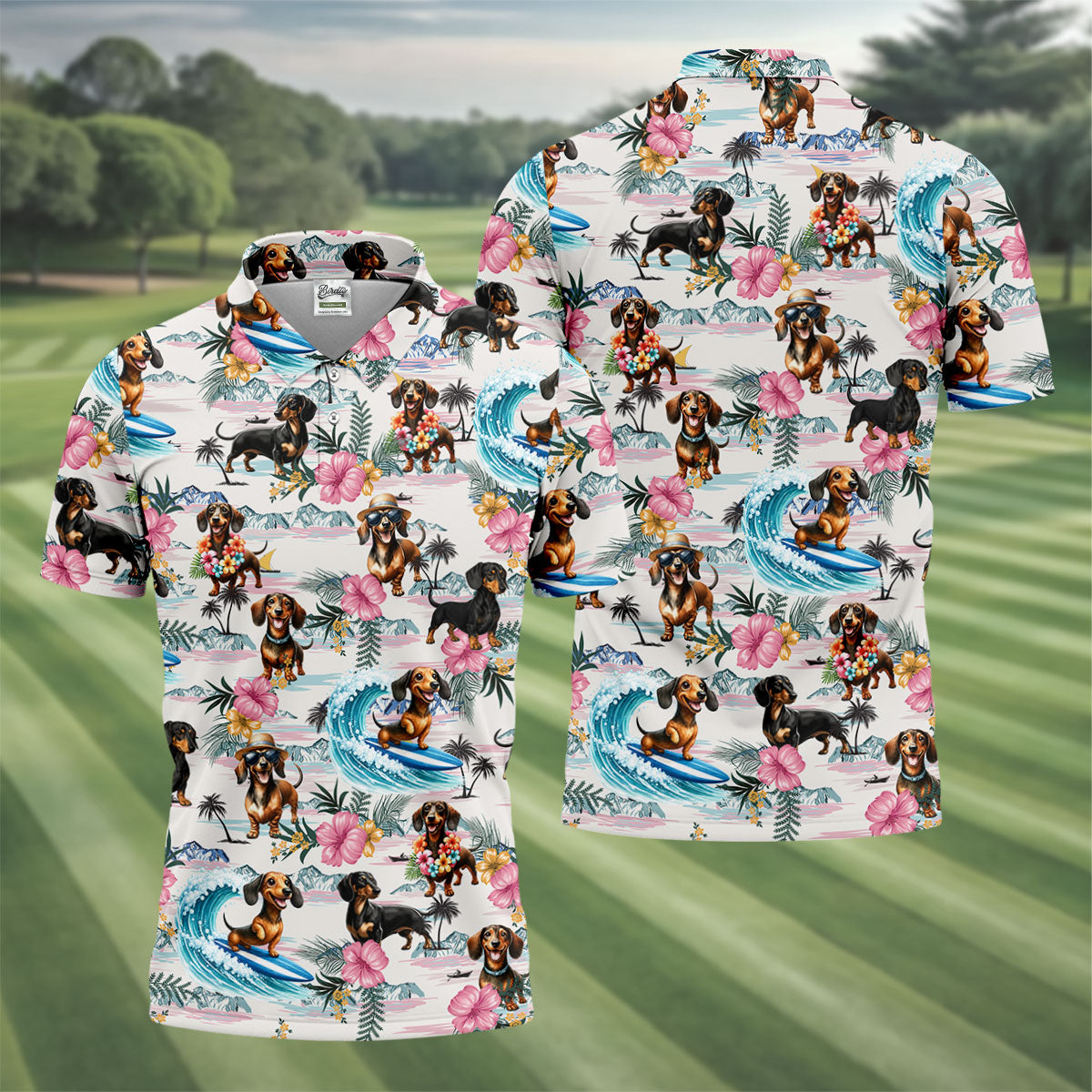 Cartoon Dachshund Tropical Theme Hawaiian Golf Shirt, Men's Golf Shirt, Polo Shirts For Men