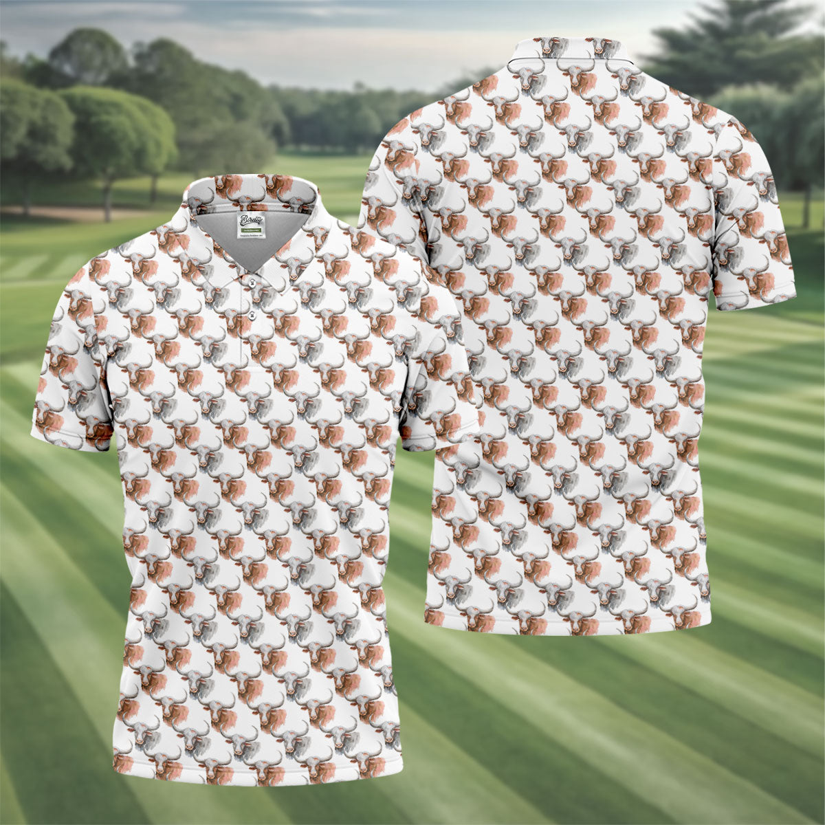 Longhorn Watercolor Pattern Golf Polo Shirt, Golf Apparel For Men, Hawaiian Golf Shirt