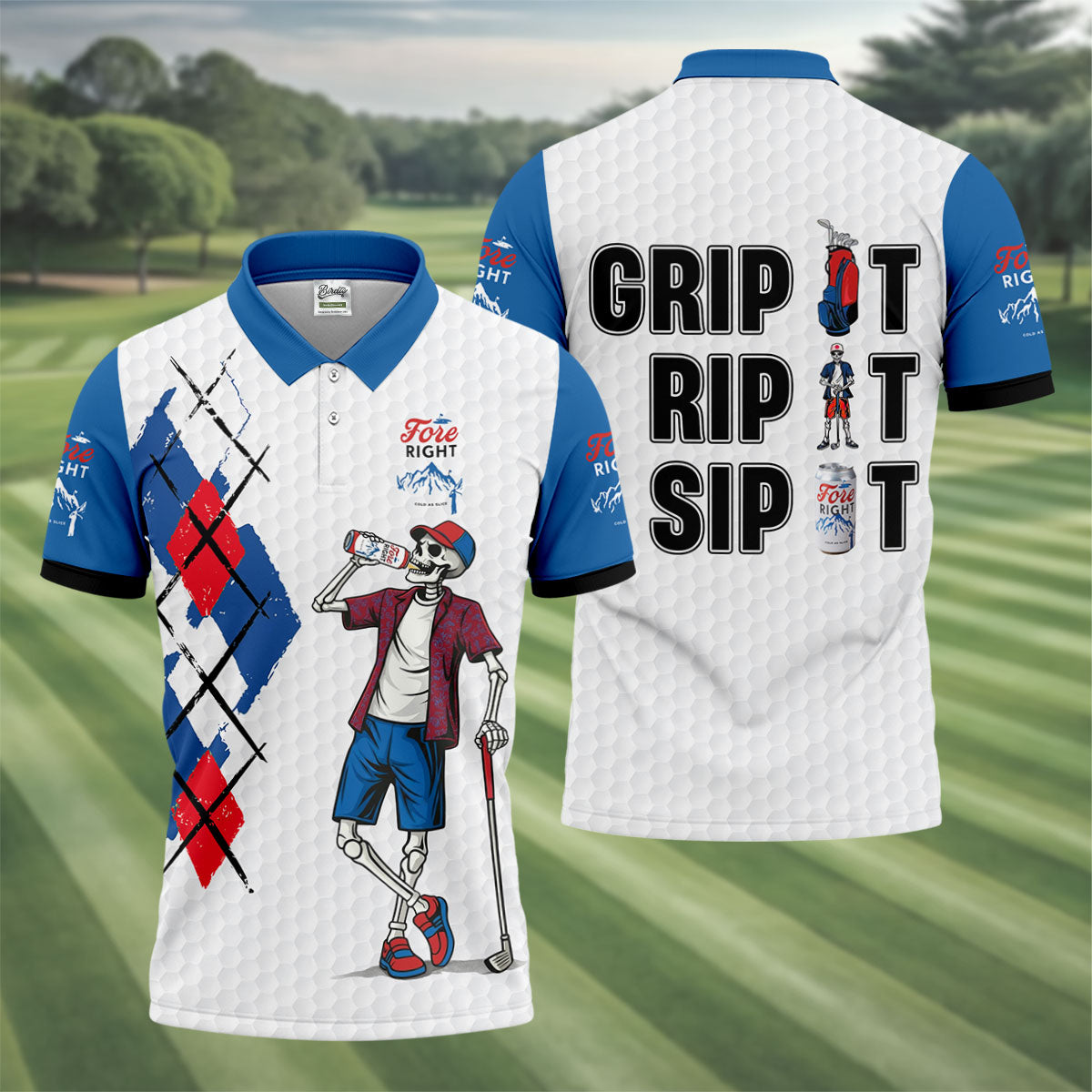 Fore Right Funny Skeleton Golf And Beer Red White Men's Funny Golf Shirts, Polo Shirts For Men