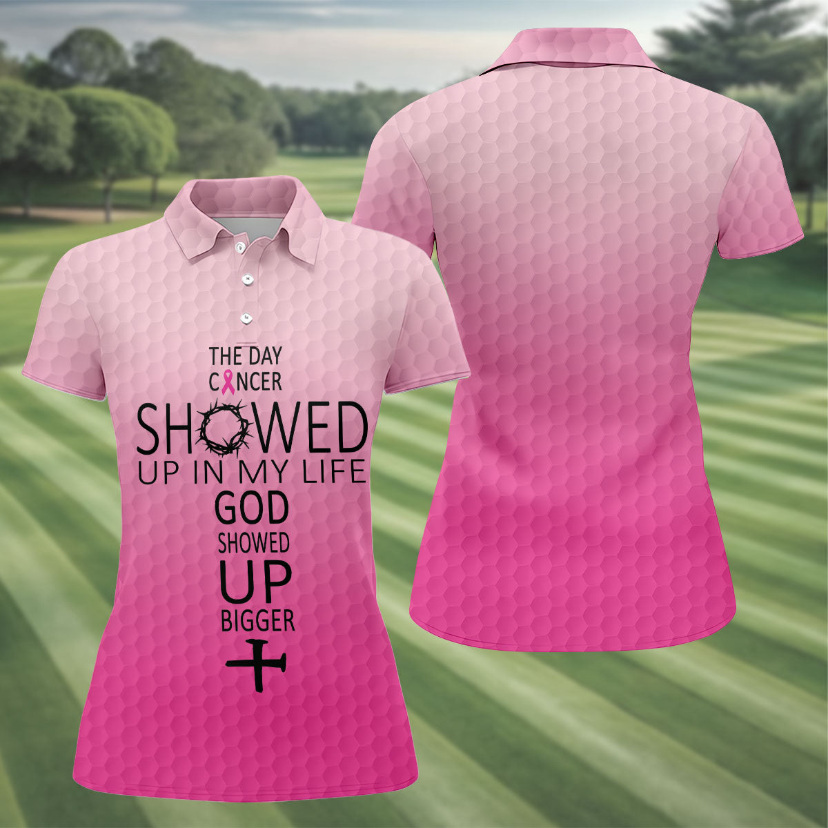 Cancer Showed Up God Showed Up Bigger Breast Cancer Polo Shirt, Women's Golf Tops