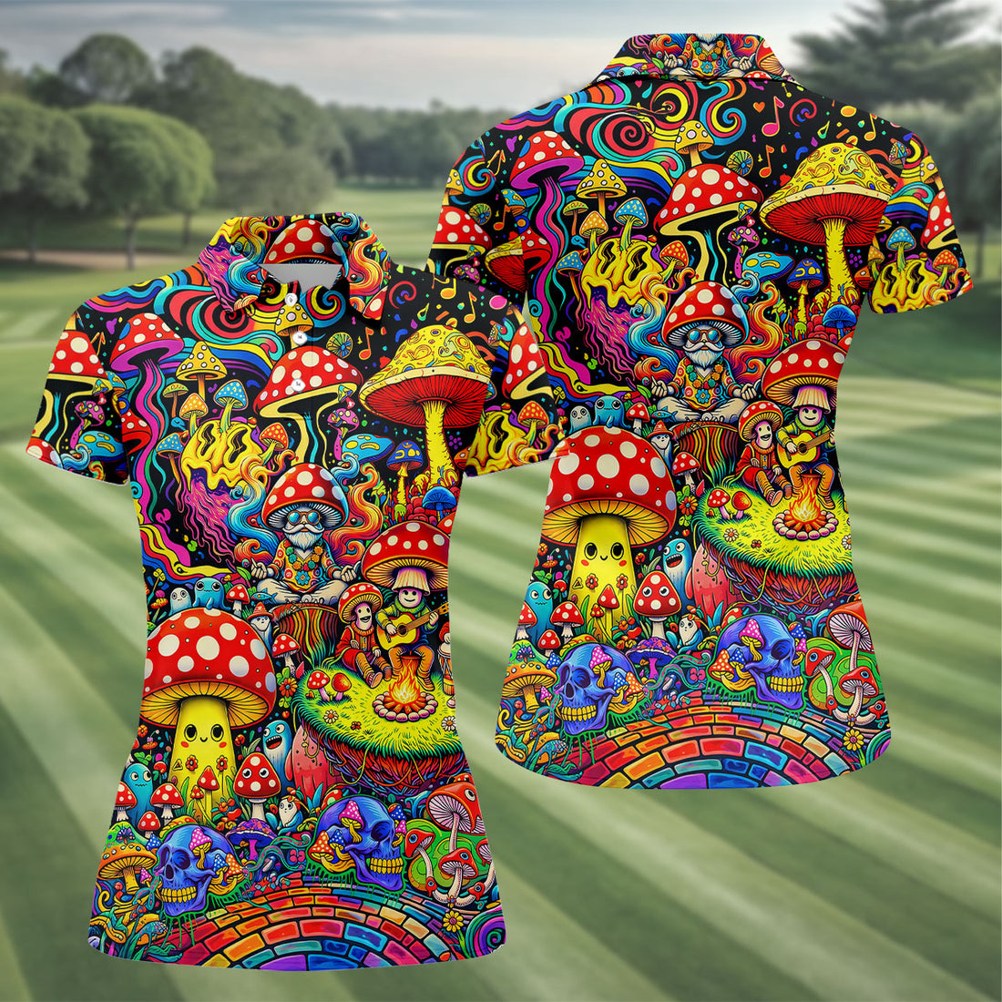 Colorful Psychedelic Mushroom Forest Hawaiian Golf Polo, Golf Tops For Women, Golfing Apparel
