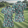 Teal Rose Skull Gothic Pattern Golf Polo Shirt, Ladies Golf Shirt, Golf Polo For Women