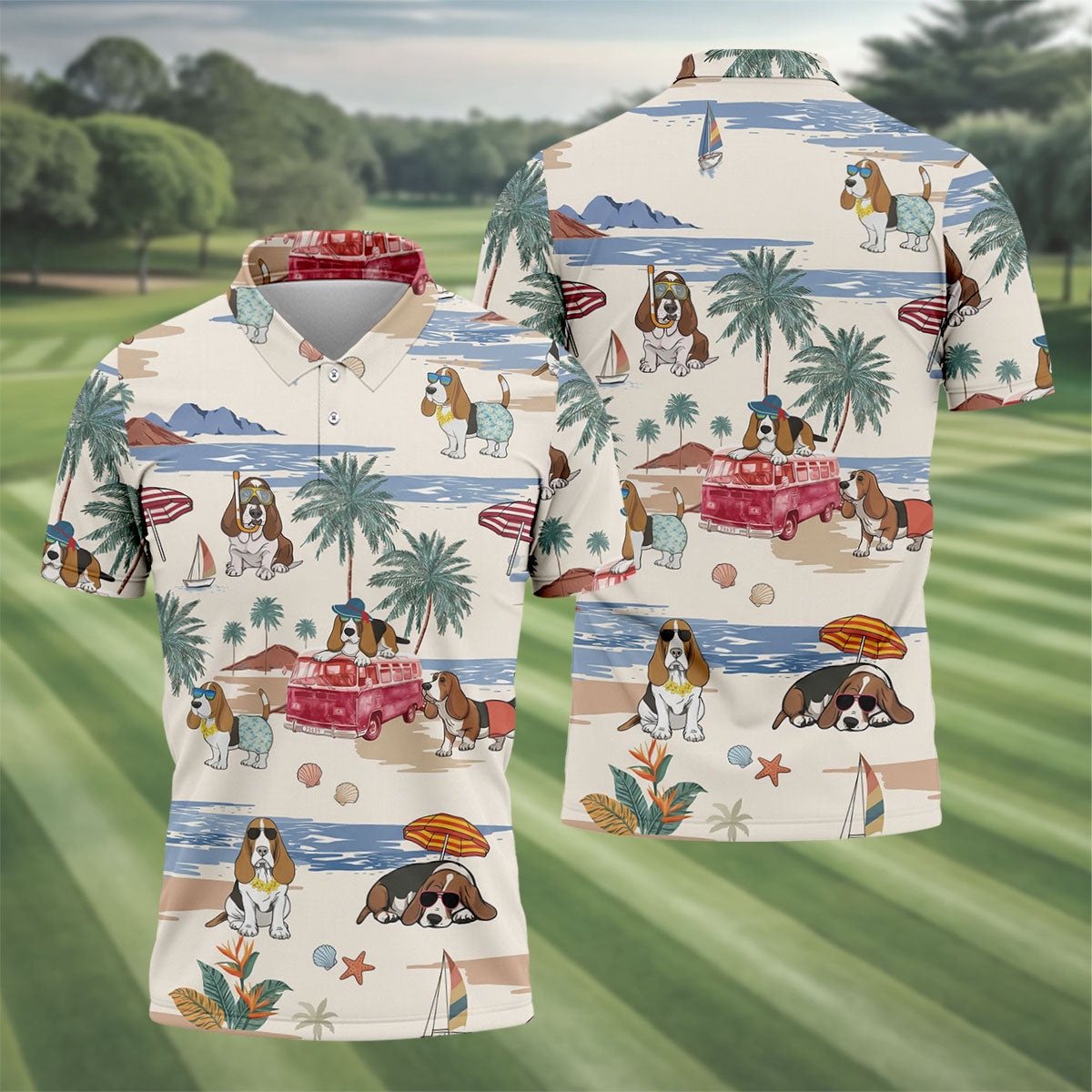 Summer Basset Hound Paradise Hawaiian Golf Polo, Golf Tops For Men, Golfing Apparel