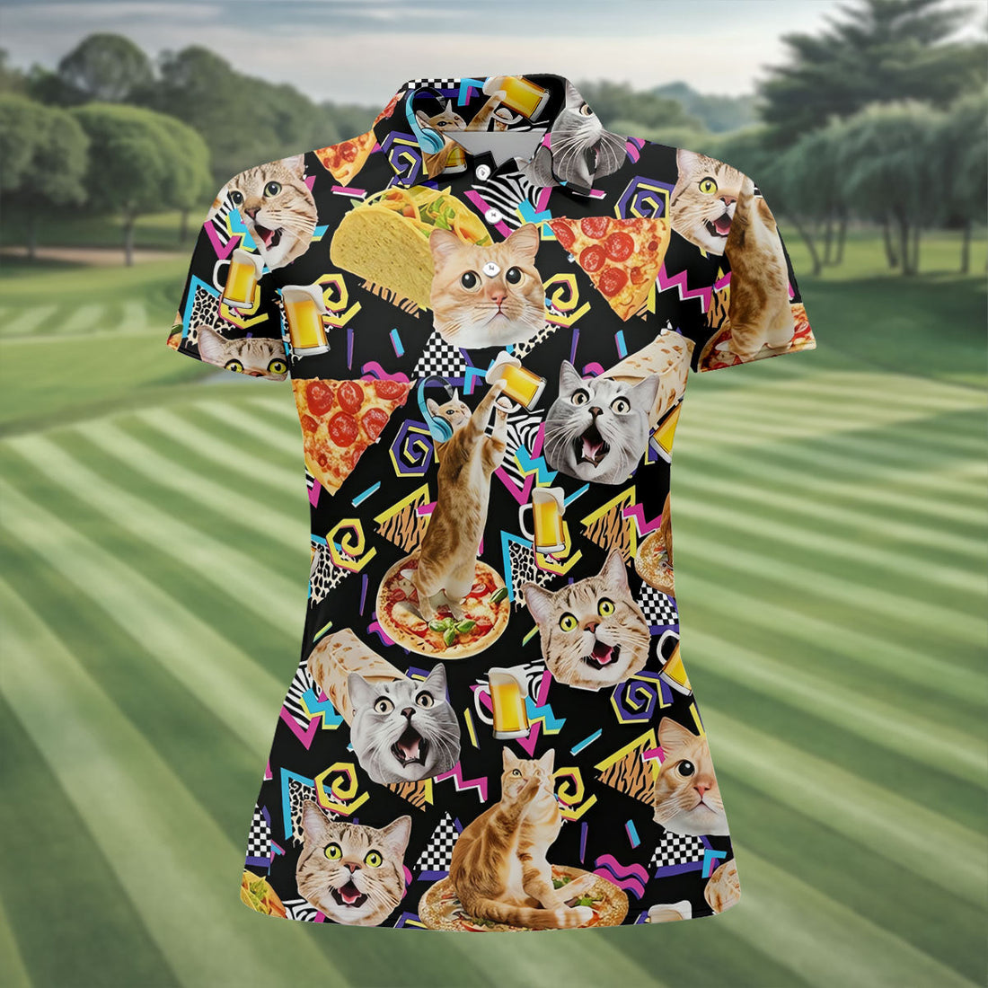 Retro Memphis Cats Enjoying Pizza, Beer Design Hawaiian Golf Polo, Golf Tops For Women, Golfing Apparel